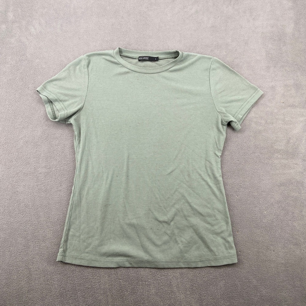 Mikarose Womens Sage Green Ribbed Knit Short Sleeve Crew Neck T-Shirt Size S